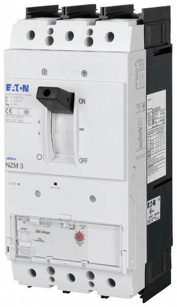 Leistungsschalter von Eaton, Modell NZM3, mit Hebel in der 'Off'-Position, technische Details und Spezifikationen auf der Vorderseite.