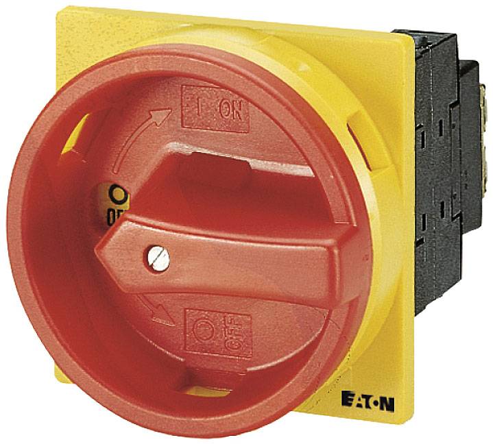 Ein roter Industrieschalter mit gelbem Rahmen, Pfeile zeigen die Richtung zum Ein- und Ausschalten, Markenname 'EATON'.