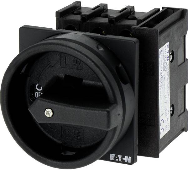 Drehschalter im Profil mit Ein/Aus-Positionen. Gehäuse in Schwarz. Seitenansicht zeigt elektrische Anschlussmöglichkeiten.