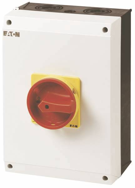 Ein weißer elektrischer Schaltschrank mit einem großen roten Drehschalter in der Mitte, aufgedruckt das Logo 'Eaton'.