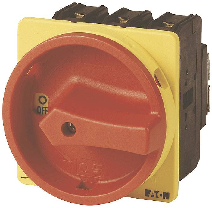 'Industrieschalter mit rotem Drehgriff und gelber Basis. Schalter zeigt Position 