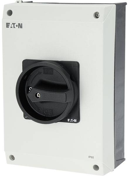 Elektrischer Schutzschalter von Eaton, weißes Gehäuse, schwarzer Drehgriff, geeignet für industrielle Anwendungen, IP65-Schutzart.