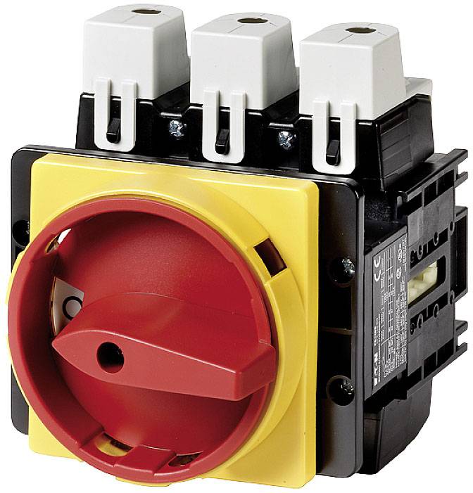 Drehschalter, dreifach, mit rotem Griff auf gelbem Hintergrund, zum Ein- und Ausschalten von elektrischen Geräten.