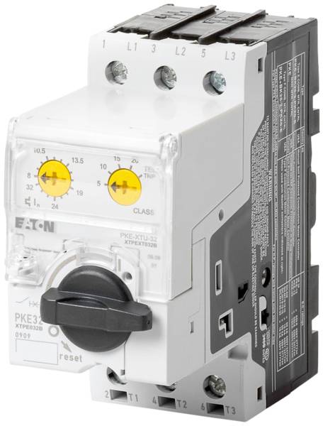Ein Motor-Schutzschalter mit Drehschalter und zwei gelben Anzeigen auf der Vorderseite sowie technischen Spezifikationen an der Seite.