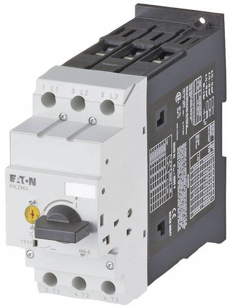 Ein elektrischer Motorschutzschalter der Marke Eaton, Modell PKZM4. Er verfügt über mehrere Anschlussklemmen und einen Kippschalter zur Steuerung.