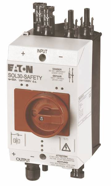 Elektrisches Gerät mit rotem Drehknopf und der Aufschrift 'Eaton SOL30-Safety', verwendet zur Steuerung von elektrischen Stromkreisen.