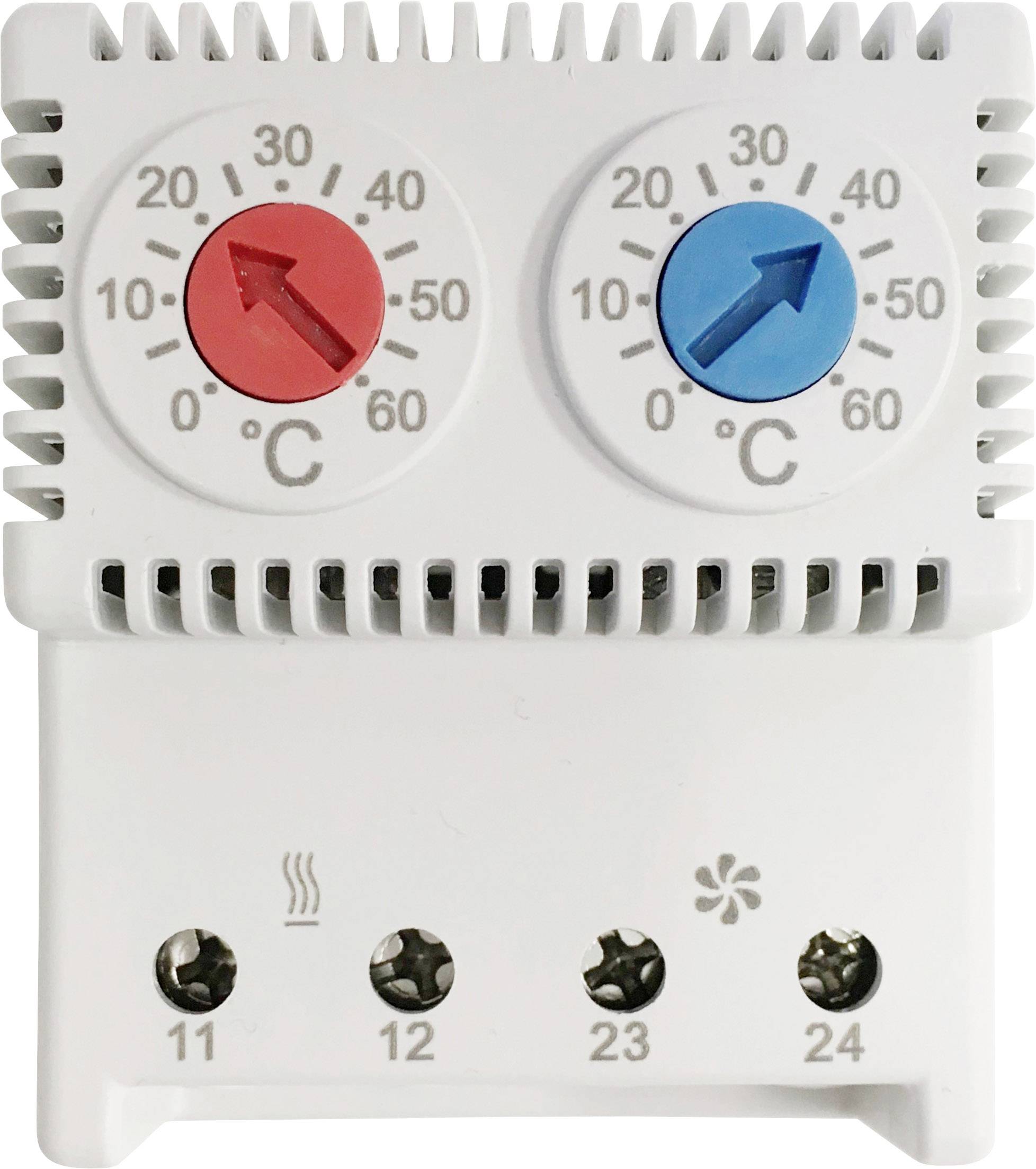 Zwei Drehregler auf einem Thermostat. Links roter Regler für Heizung, rechts blauer Regler für Kühlung, Skala in Grad Celsius.