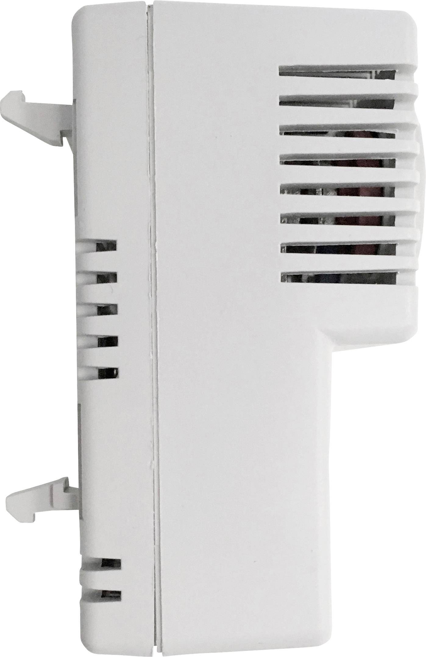 Ein weißes elektronisches Gerät mit Lüftungsschlitzen an der Seite und zwei Befestigungshaken.