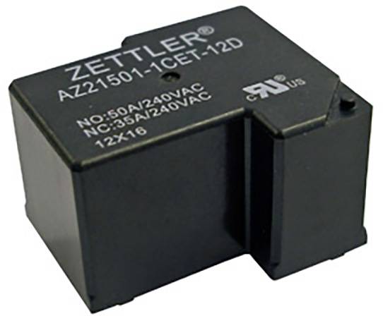 Elektrisches Relais mit Aufschrift 'Zettler AZ2150-1CET-12D'. Spezifikationen: 50A/240VAC, NC: 35A/240VAC, Maße: 12x16.