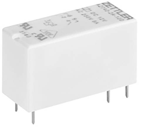 Ein weißes elektrisches Relais mit vier Metallpins, seitlich mit technischer Beschriftung und Zertifizierungszeichen versehen.