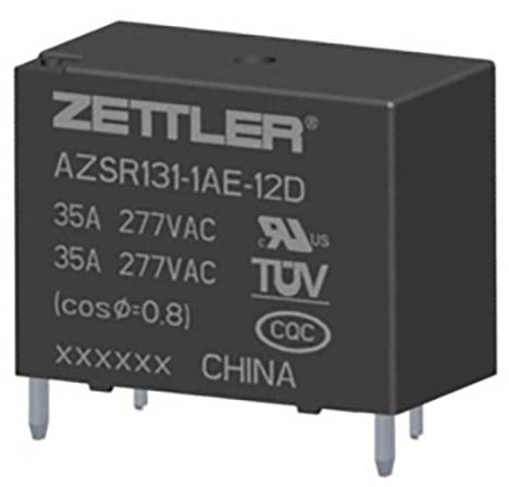 Schwarzes Relais mit Aufschrift ZETTLER, Modell AZSR131-1AE-12D, 35A, 277VAC, TÜV-zertifiziert, hergestellt in China.