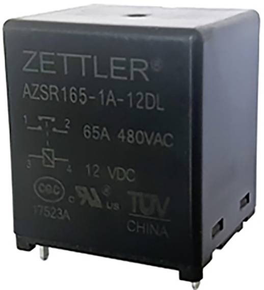 Elektrisches Relais von Zettler mit Modellnummer AZSR165-1A-12DL, spezifiziert für 65A und 480VAC, geeignet für industrielle Anwendungen.