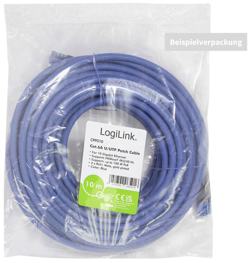 Blaues Ethernet-Kabel von LogiLink, 10m, Cat.6A U/UTP Patchkabel, unterstützt bis zu 10 Gbps. Verpackung zeigt Produktetikett und Kabel.