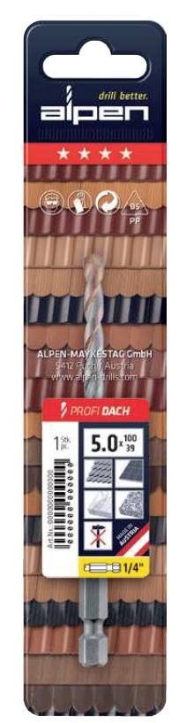 Bohrer für Dachmaterialien in Verpackung. Marke 'Alpen'. Durchmesser 5,0 mm. 37 mm lang. Zeigt Anwendungen: Ziegel, Dachziegel.
