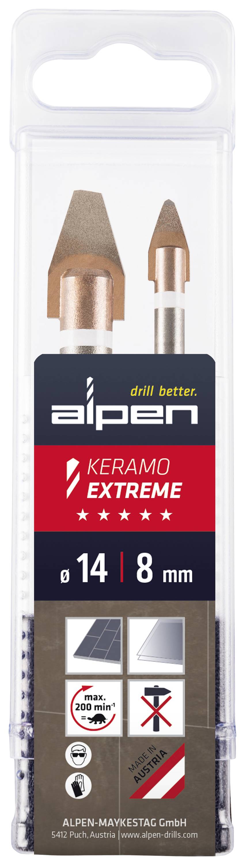 Bohrerpackung mit zwei Keramikbohrern von 'Alpen Keramo Extreme', Größen 14 und 8 mm, geeignet für Fliesen und Feinsteinzeug.