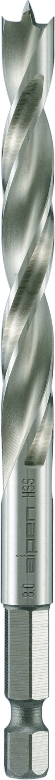 Ein silberner Spiralbohrer aus Metall mit einer Sechskantaufnahme, geeignet für Bohrmaschinen.