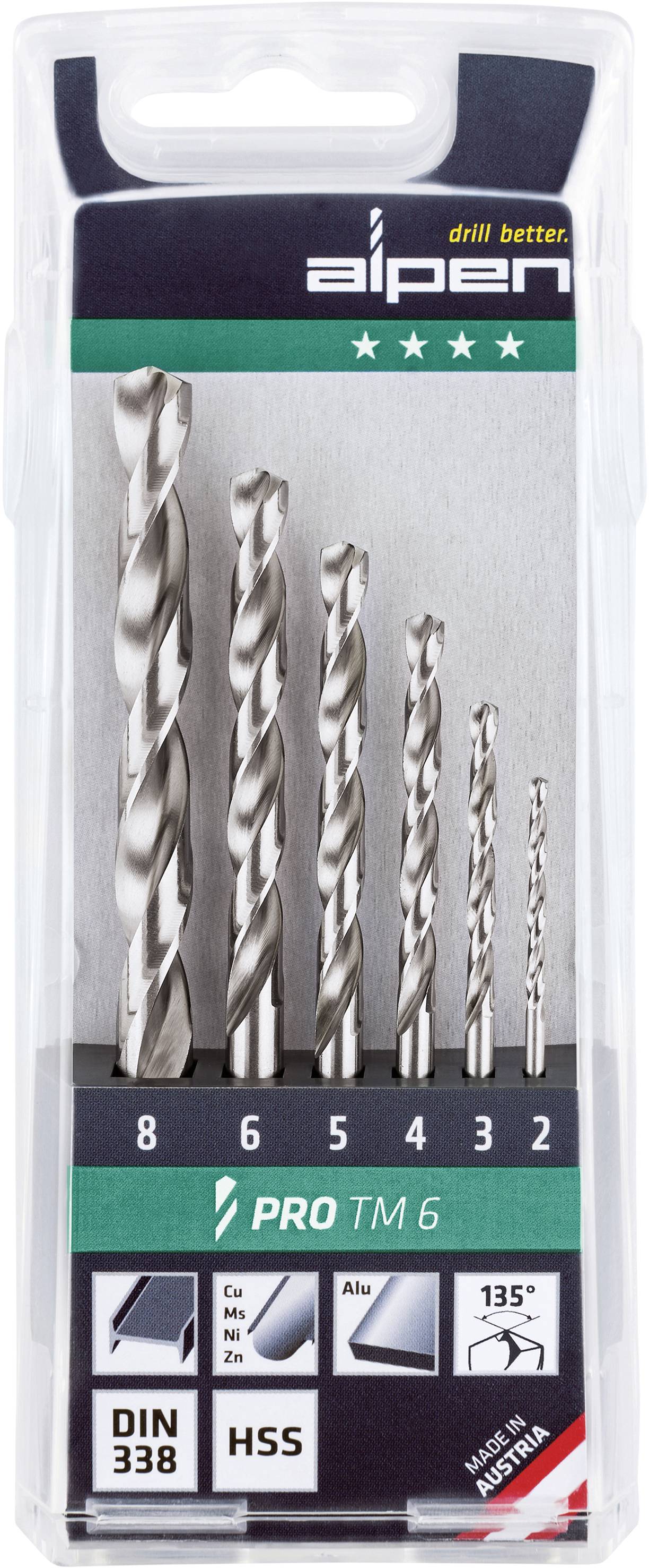 Alpen 0000111806100 HSS Metall-Spiralbohrer-Set 6teilig 2 mm, 3 mm, 4 mm, 5 mm, 6 mm, 8mm Zylinderschaft 1St.