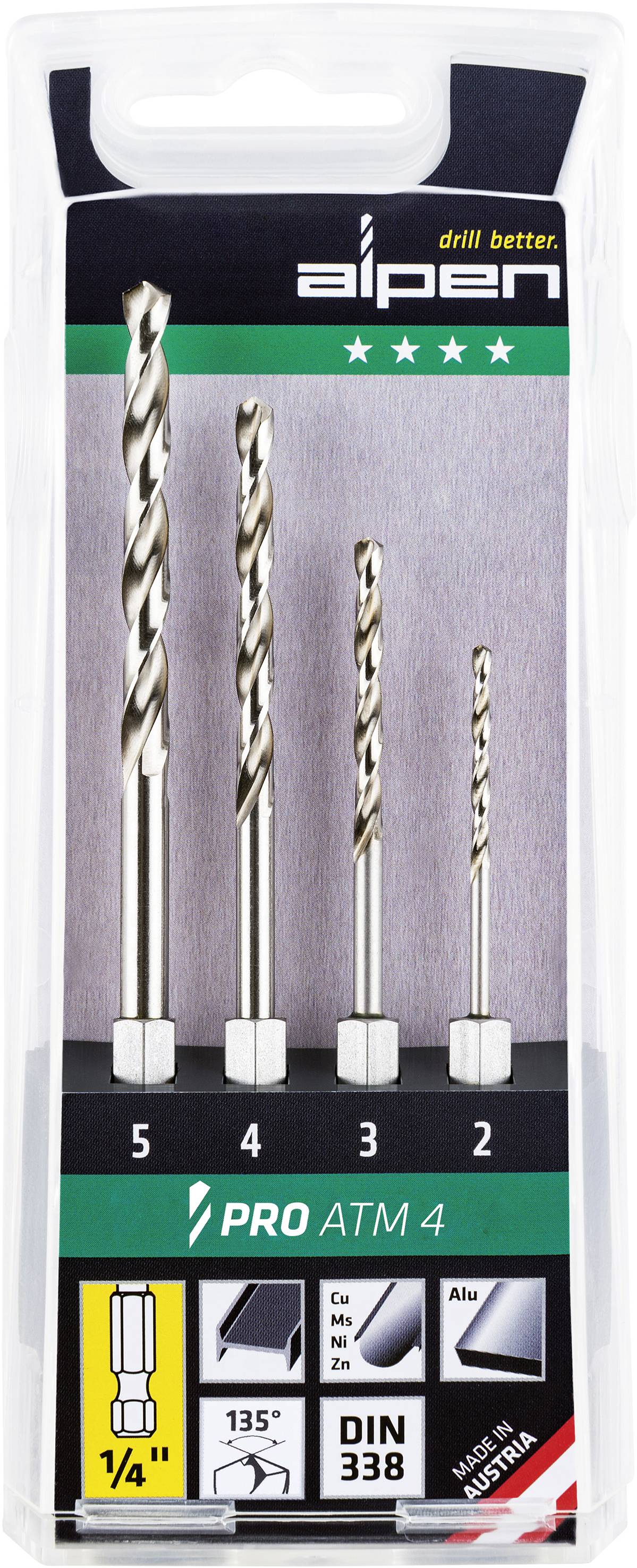 Alpen 0000110804100 HSS Metall-Spiralbohrer-Set 4teilig 2 mm, 3 mm, 4 mm, 5mm 1/4" (6.3 mm) Außenvierkant 1St.