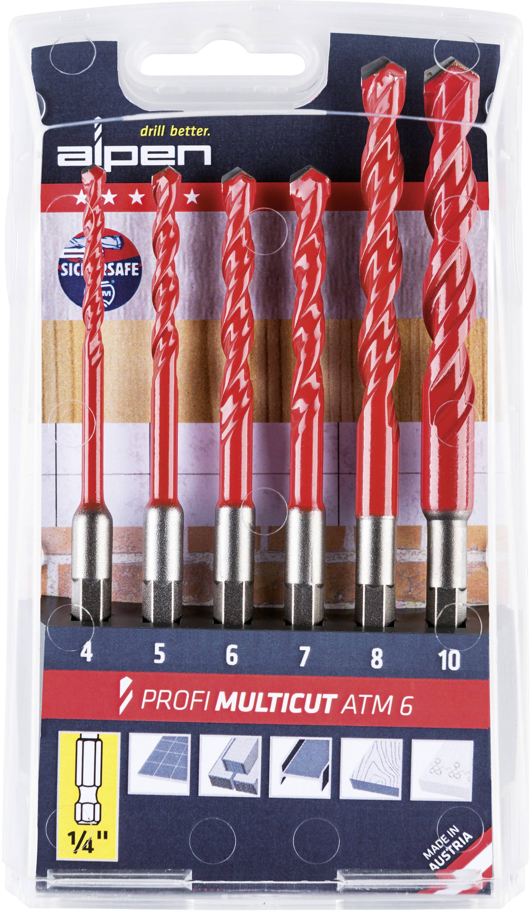 Verpackung mit sechs roten Bohrern, Größen 4-10, Marke 'alpen', geeignet für mehrere Materialien, hergestellt in Österreich.