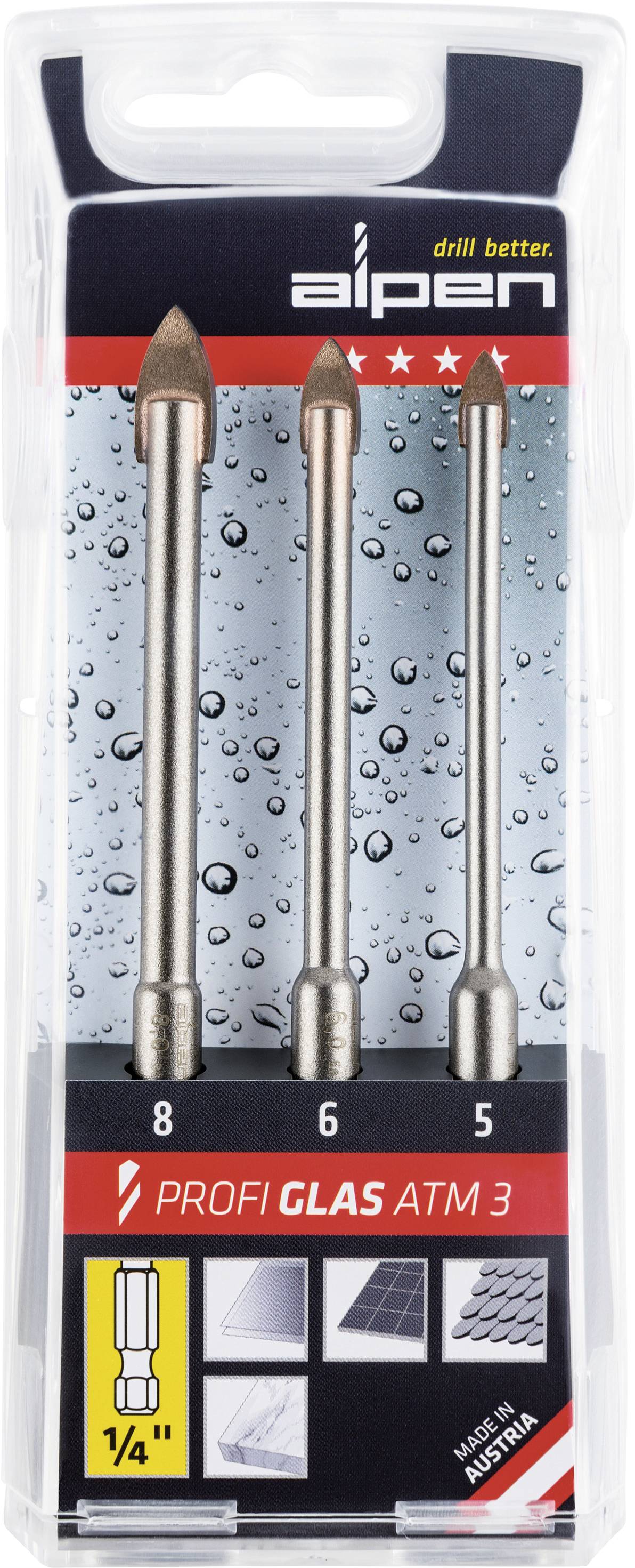 Drei Glasbohrer in einer Verpackung, Beschriftungen: Größen 8, 6, 5 mm, geeignet für Glas und Fliesen. Made in Austria.
