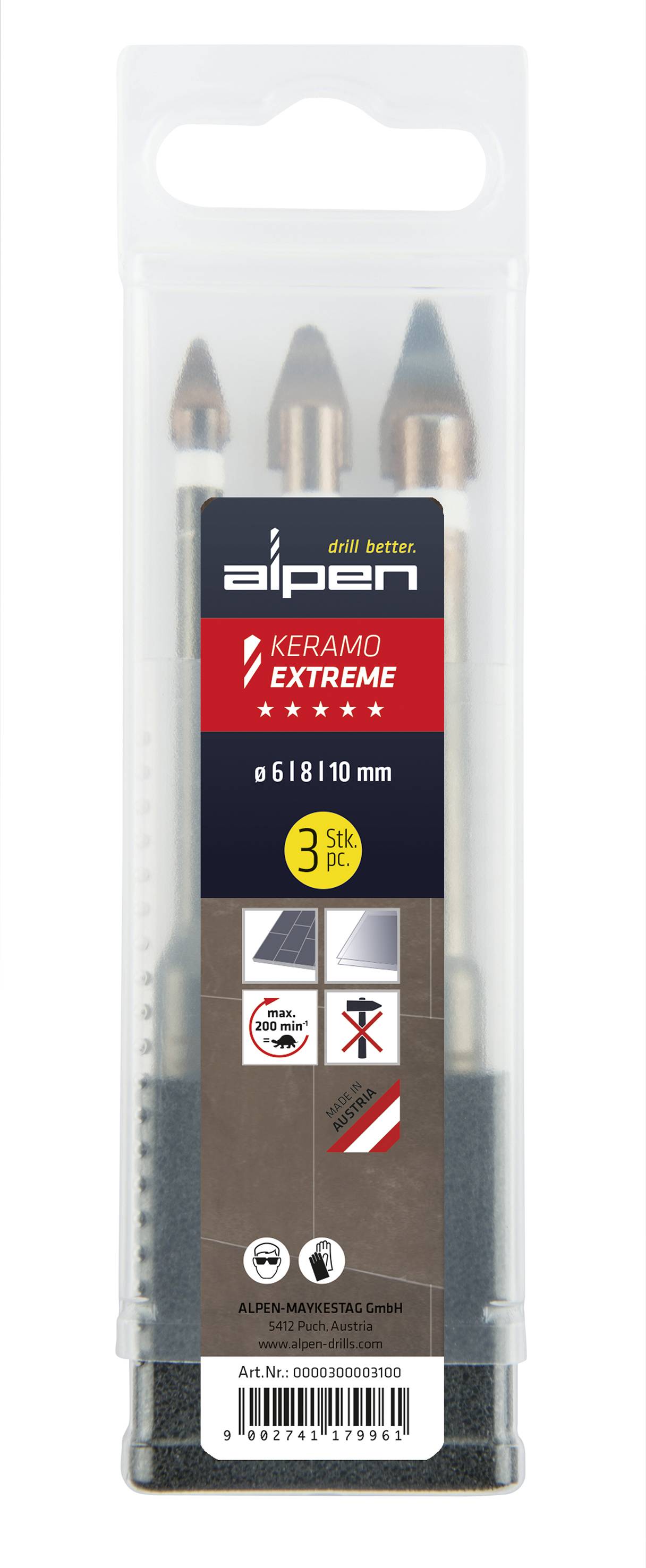 Verpackung mit drei 'Keramo Extreme' Bohrern von Alpen für Durchmesser 6, 8 und 10 mm, geeignet für hartes Material.