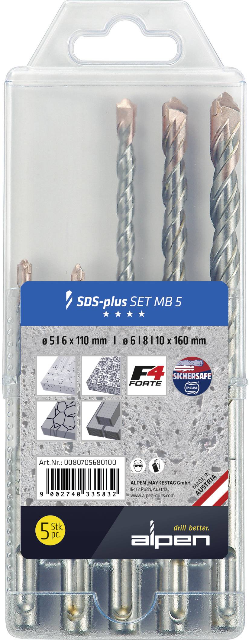 Alpen 0080705680100 Stahl Beton-Spiralbohrer-Set 5 mm, 6 mm, 8 mm, 10mm SDS-Plus 1 Set
