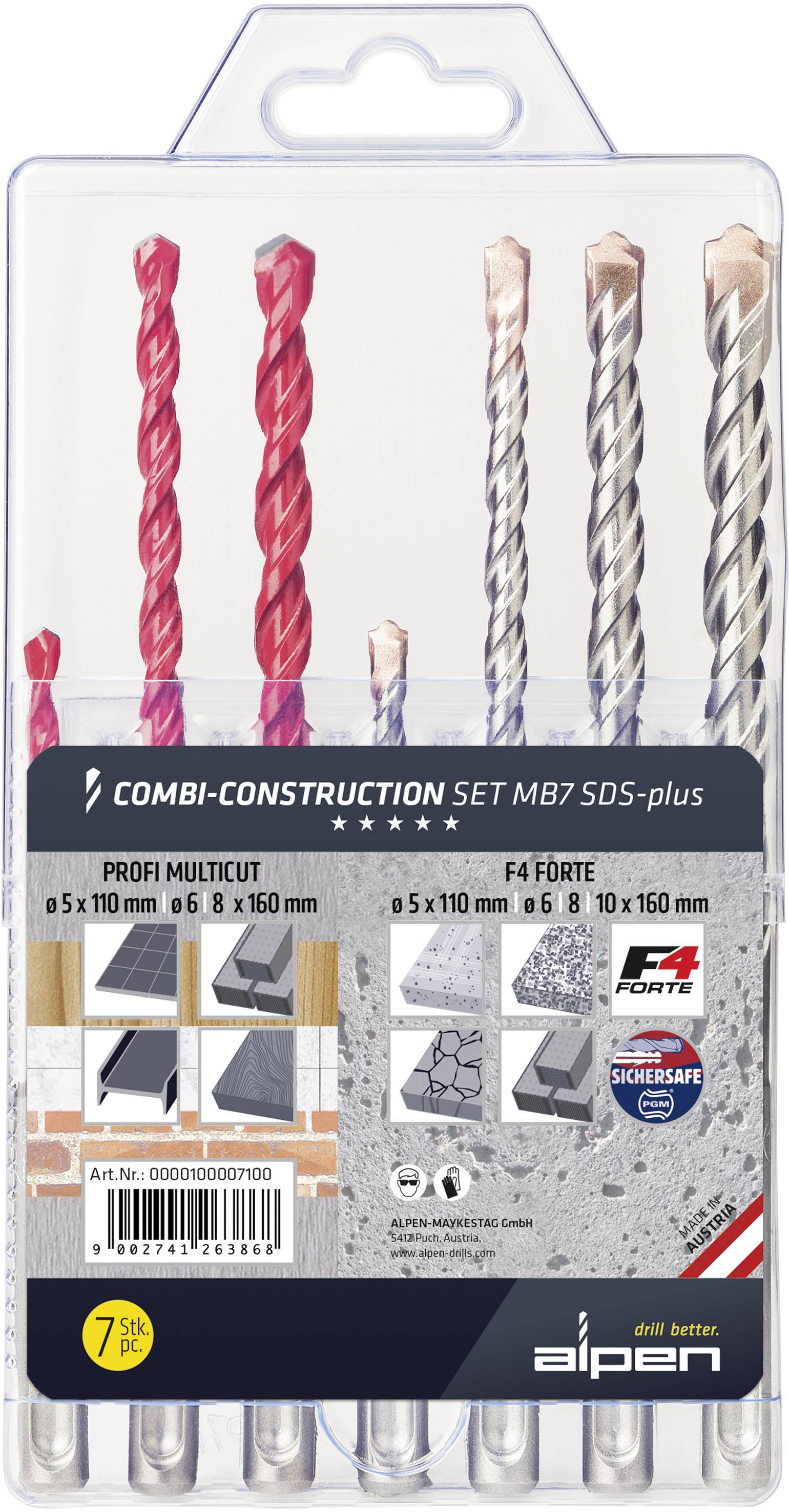 'Combi-Construction Set MB7 SDS-plus' Bohrer-Set von Alpen für verschiedene Bauteile, enthält sieben Bohrer mit unterschiedlichen Größen.