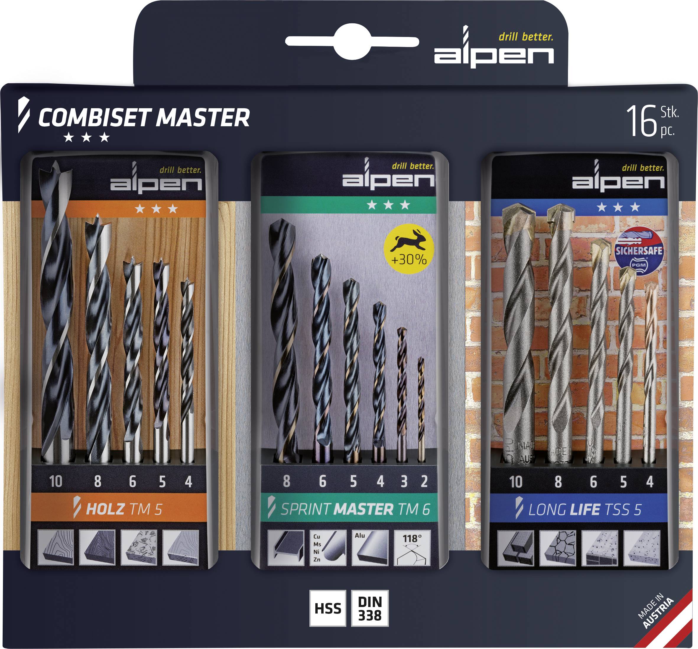 Bohrerset 'Combiset Master' von Alpen mit 16 Teilen. Enthält Holz-, Metall- und Betonbohrer. Verpackung zeigt Größen und Anwendungen.
