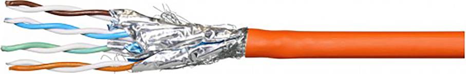 Abgeschirmtes, orangefarbenes Ethernet-Kabel mit freiliegenden, verdrillten Paaren unterschiedlicher Farben; geeignet für Datenübertragung.