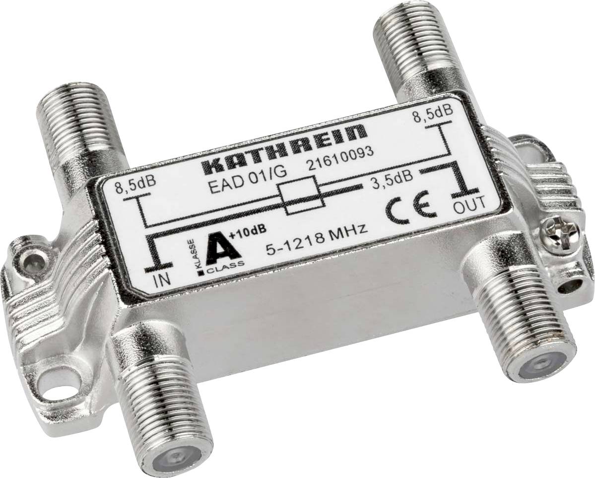 Metallischer Antennenverstärker mit der Aufschrift 'Kathrein EAD 01 G, 21610093'. Frequenzbereich: 5-1218 MHz, Ein- und Ausgänge markiert.
