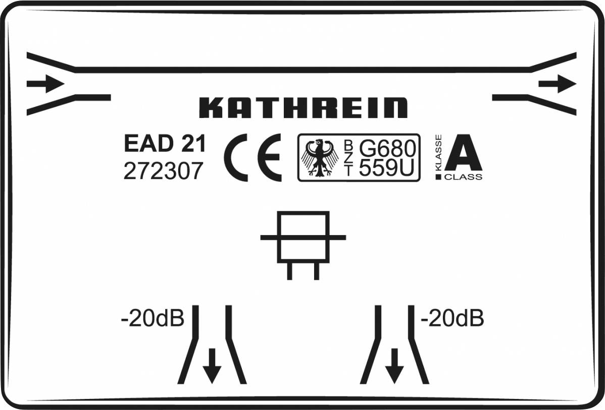 Weißes Etikett mit schwarzen Pfeilen und der Aufschrift 'KATHREIN, EAD 21', europäischen CE-Zeichen sowie einer dB-Angabe.
