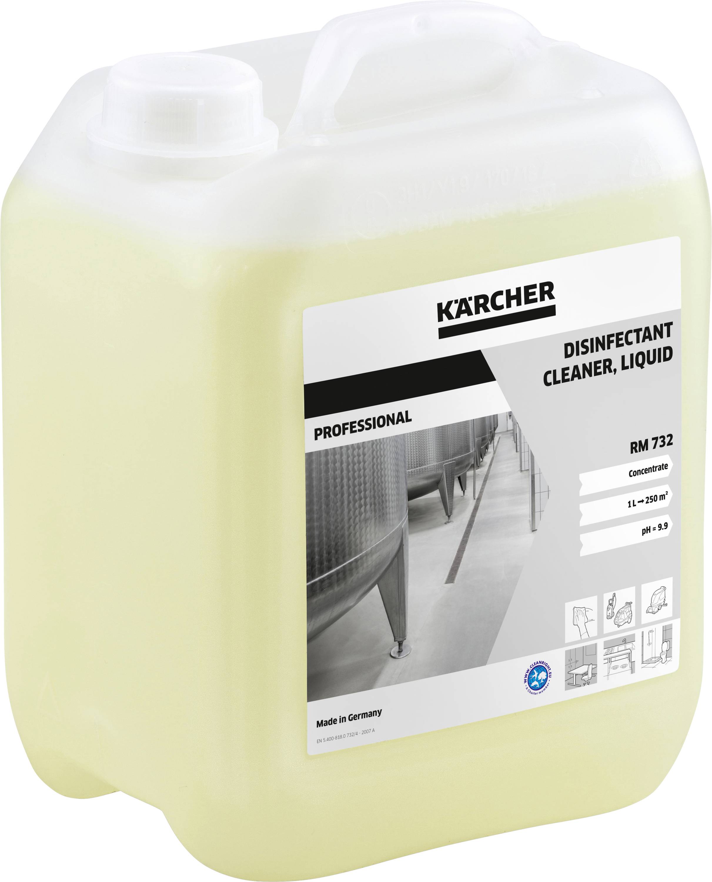 Kanister mit 'Kärcher Professional Disinfectant Cleaner, Liquid RM 732'. Enthält Desinfektionsmittel. 11 kg, pH 8,5.