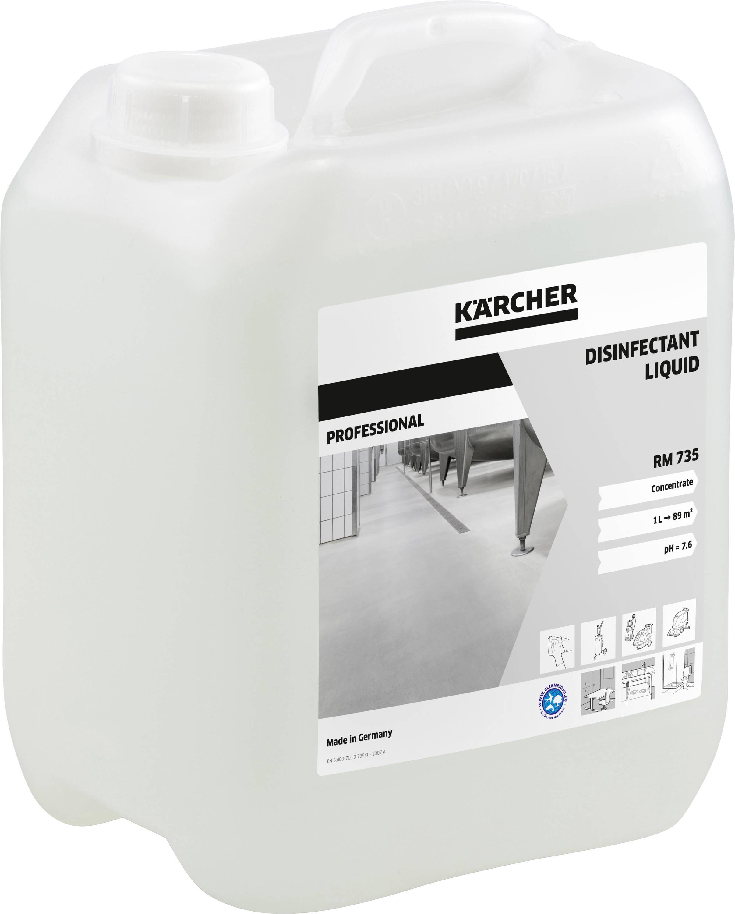 Kanister mit 'Kärcher RM 735 Desinfektionsmittel', 10 Liter. Auf dem Etikett sind Anwendungsinformationen und Symbole zu sehen.
