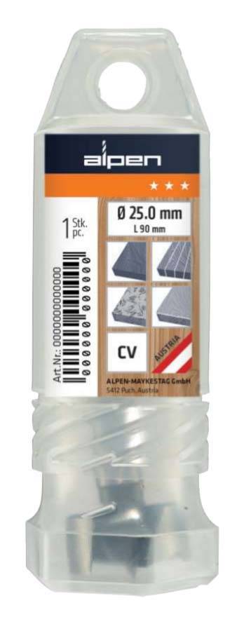 Bohrer-Set-Verpackung von Alpen, mit 25 mm Durchmesser und 90 mm Länge, geeignet für unterschiedliche Materialien, mit CV-Material.
