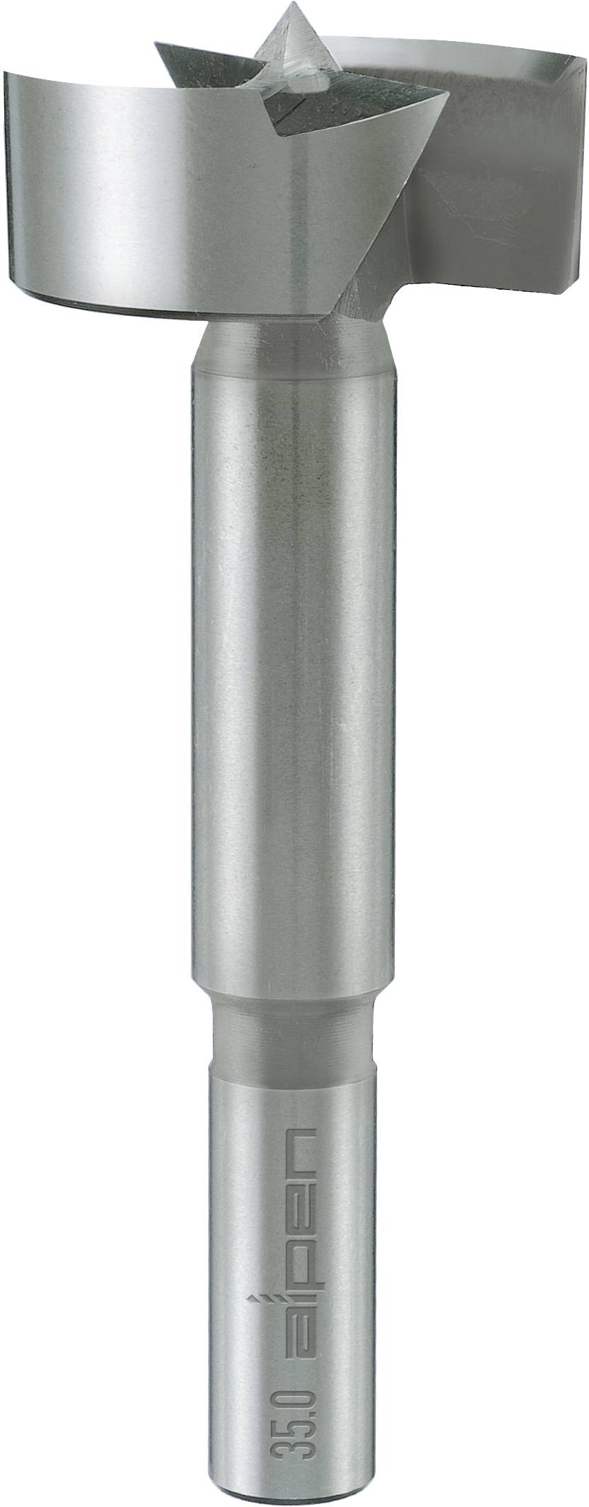 Forstnerbohrer aus Metall mit geschliffenem Zentrierspitze und flachen Seitenschneiden, zur Herstellung präziser, glatter Bohrlöcher.