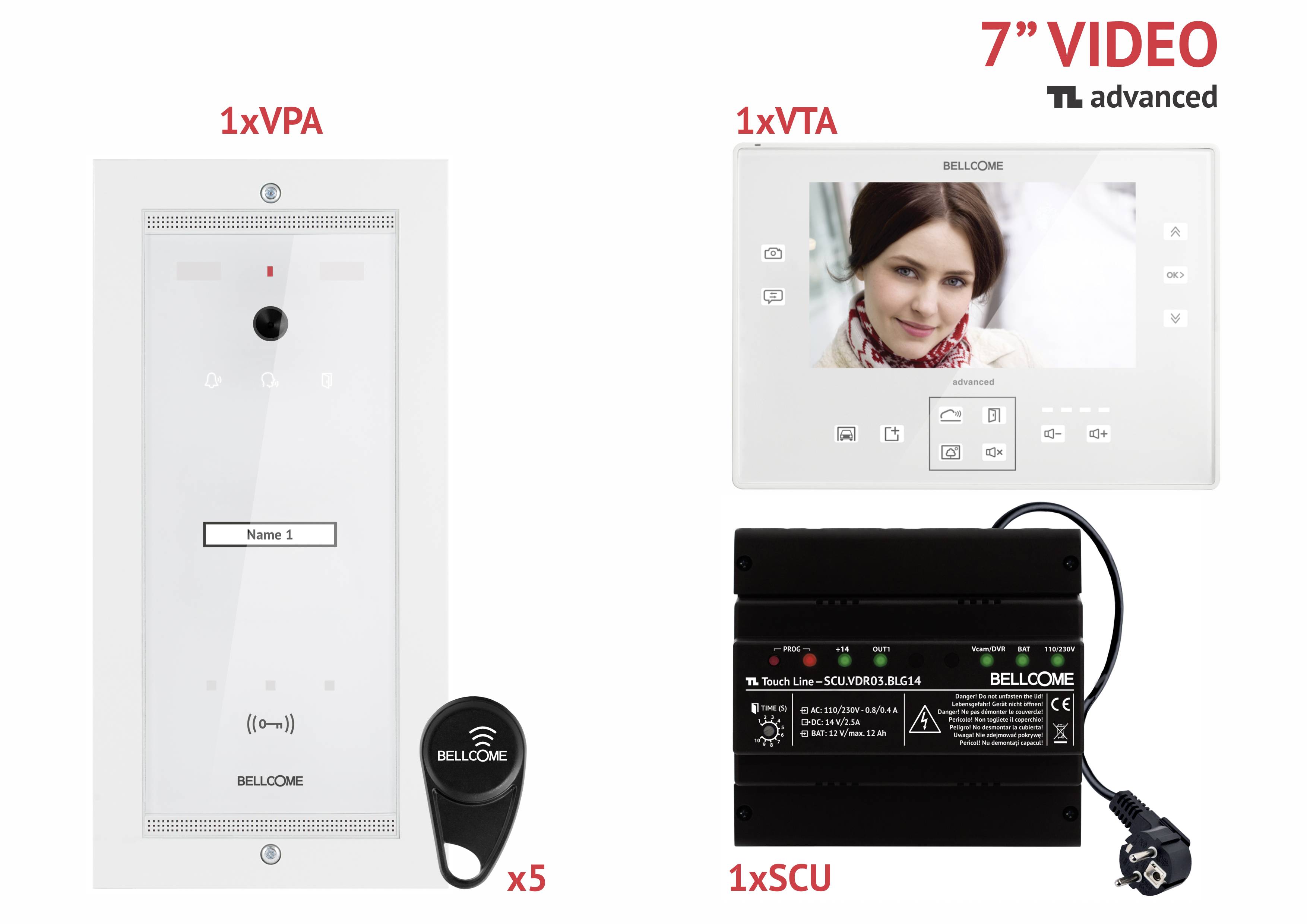 Bellcome Advanced 7" Video-Kit 1 Familie Video-Türsprechanlage Kabelgebunden Komplett-Set 8teilig Weiß