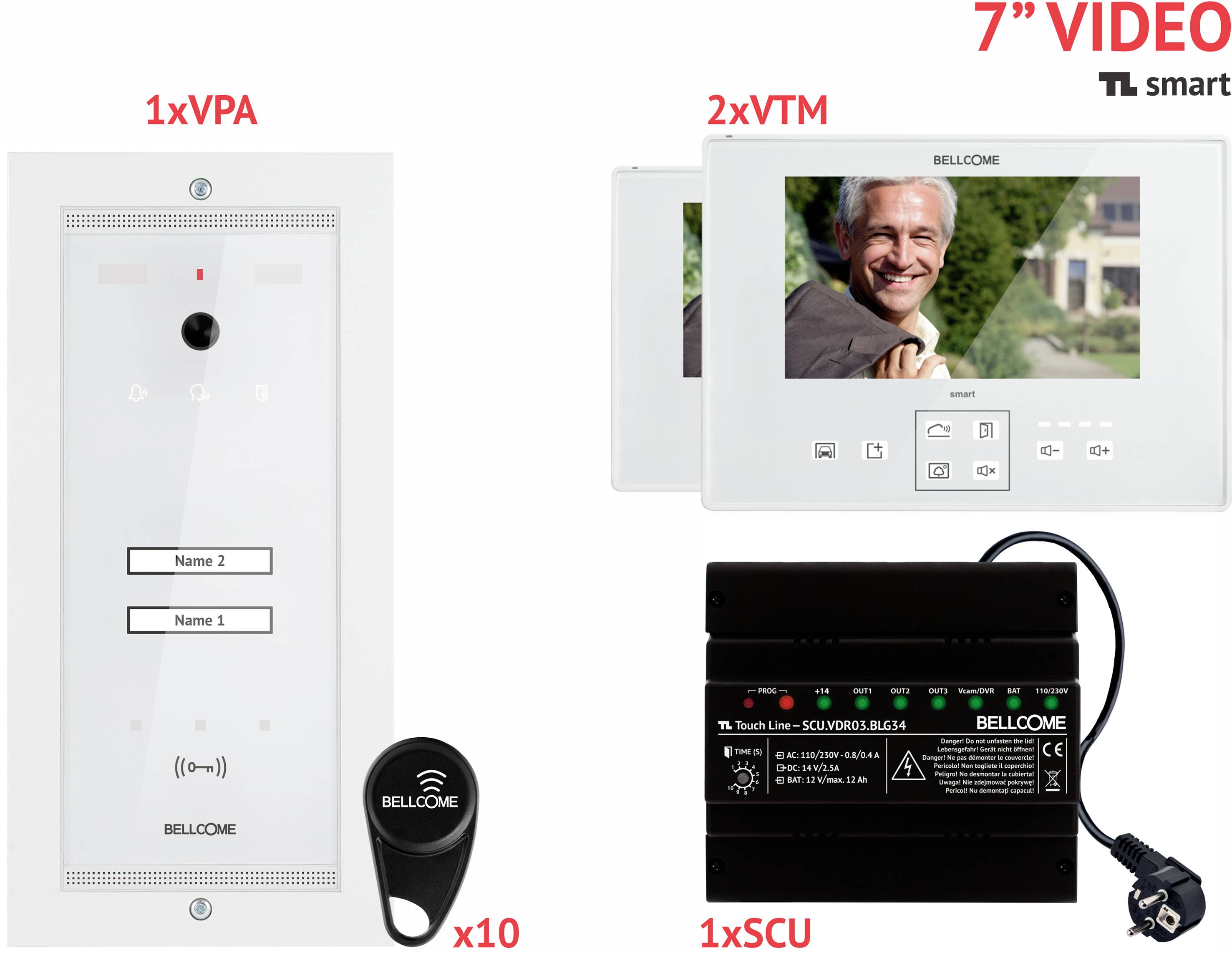 Bellcome Smart 7" Video-Kit 2 Familie Video-Türsprechanlage Kabelgebunden Komplett-Set 14teilig Weiß
