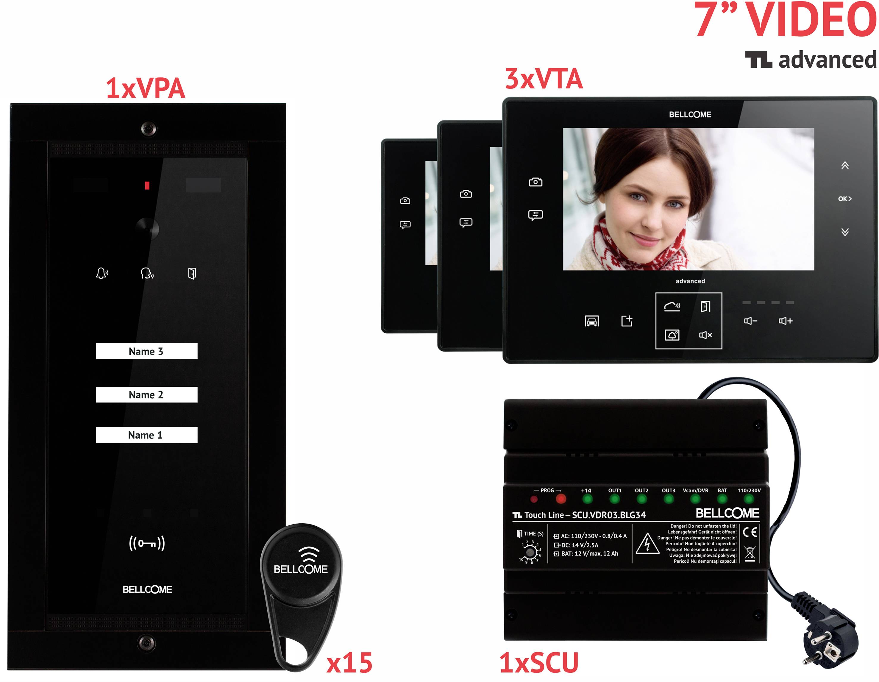 Bellcome Advanced 7" Video-Kit 3 Familie Video-Türsprechanlage Kabelgebunden Komplett-Set 20teilig Schwarz