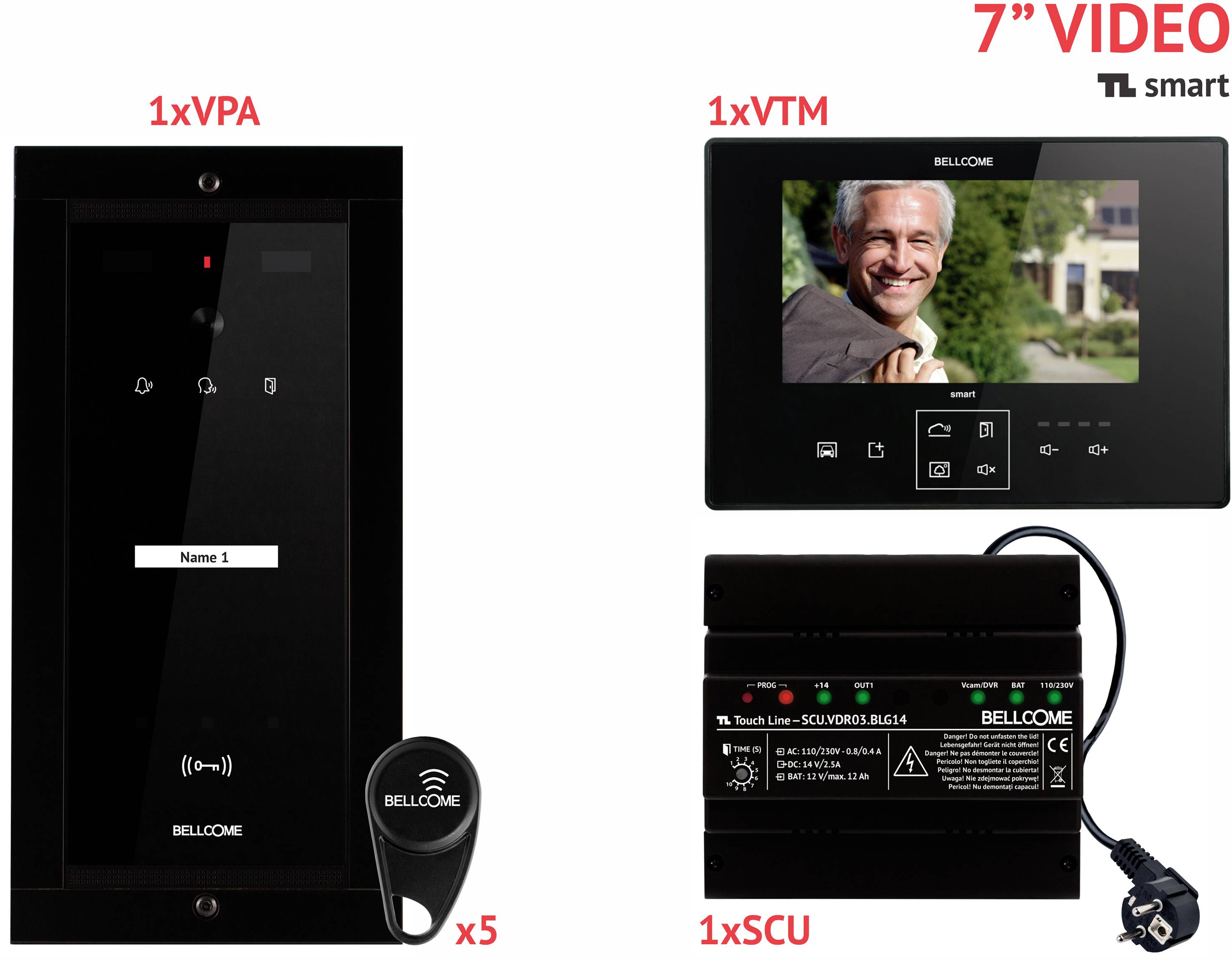 Bellcome Smart 7" Video-Kit 1 Familie Video-Türsprechanlage Kabelgebunden Komplett-Set 8teilig Schwarz