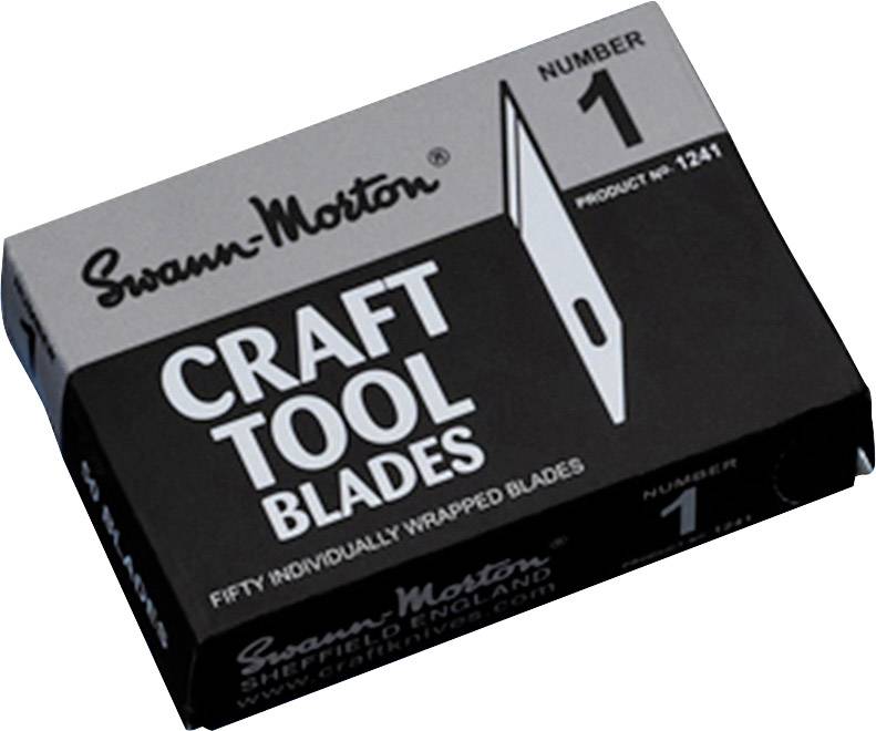 Eine schwarze Verpackung mit der Aufschrift 'Swann-Morton Craft Tool Blades'. Enthält 50 einzeln verpackte Klingen, Produktnummer 1241.