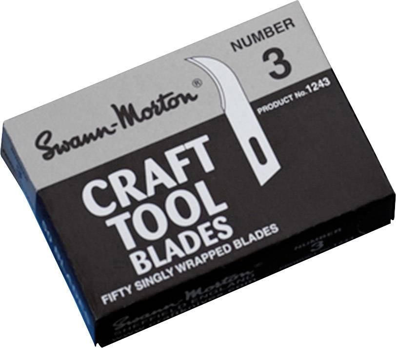 Eine Verpackung von 'Swann-Morton' Handwerksklingen, Nummer 3, mit der Aufschrift 'Craft Tool Blades, Fifty Singly Wrapped Blades'.