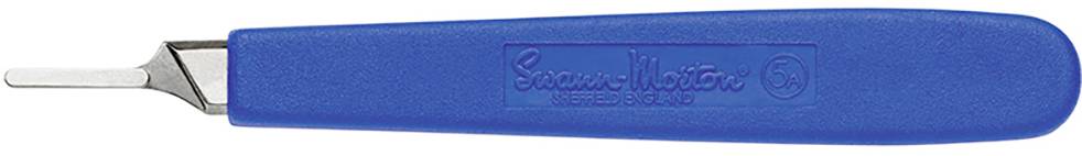 Ein blauer Sicherheitsmesser mit einer kurzen, abgerundeten Klinge. Der Griff ist mit 'Secure Matic' beschriftet.