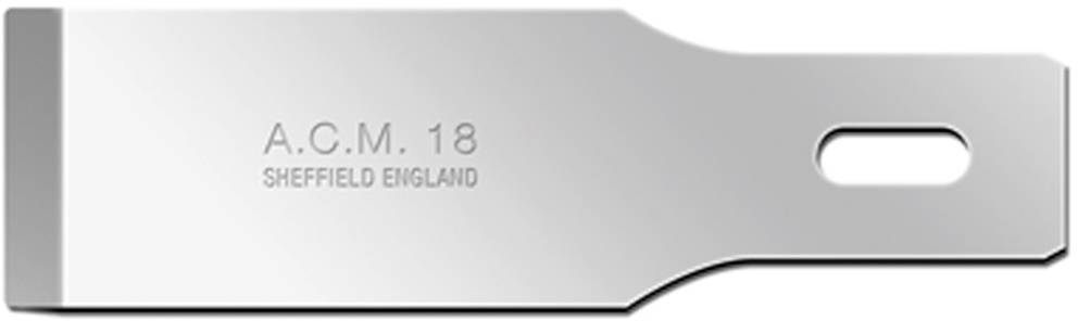 Silberne Ersatzklinge mit Aufschrift 'A.C.M. 18 Sheffield England', rechteckige Form, abgerundete Ecke und länglicher Ausschnitt.