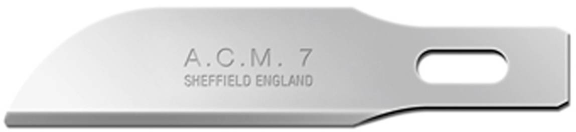 Metallklinge mit der Aufschrift 'A.C.M. 7 Sheffield England', geschwungene Schneide, rechteckige Öffnung.