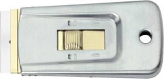 Ein silbernes Teppichmesser mit einem goldenen Schieber, der die Klinge freigibt oder zurückzieht; es ist handwerklich gestaltet.