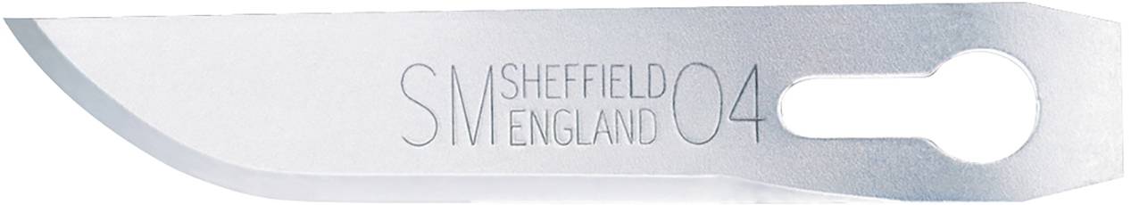 Chirurgische Skalpellklinge Größe 04, mit Gravur 'S+M Sheffield England'.