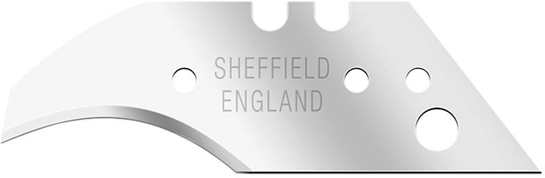 Ein silbernes Metallklingenblatt mit der Aufschrift 'Sheffield England' und mehreren gestanzten Löchern.