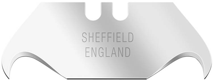 Rasierklinge mit der Aufschrift 'Sheffield England', silberfarben, symmetrisches Design mit zwei scharfen Kanten.