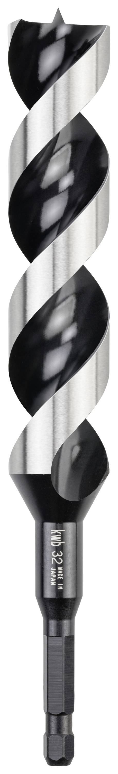 Ein großer Metallbohrer mit schwarz-silbernem spiralförmigem Design und sechskantigem Schaft zum Bohren in Holz oder Metall.