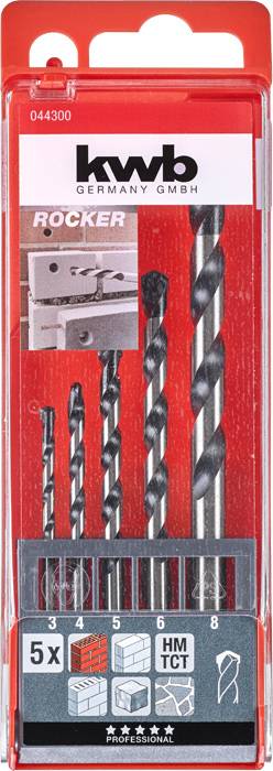 'Kwb Germany GmbH' Metallbohrer-Satz, 5 Stück. Größen 3, 4, 5, 6, 8 mm. Geeignet für Metall, Stahl, Beton. Verpackung zeigt Anwendung.